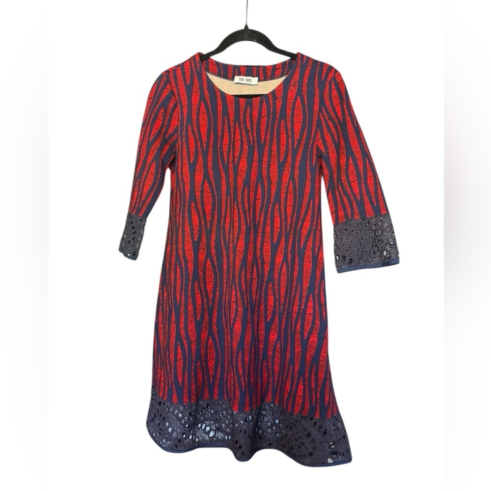 Women's Blue Red Animal Print Mini Dress Long Sleeve Eyelet Hem Size Large